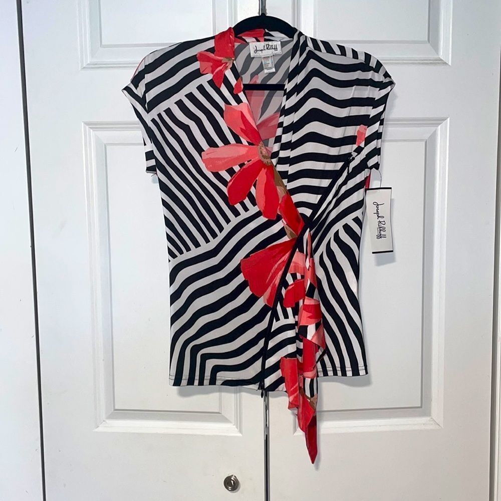 Joseph Ribkoff silky and colorful blouse, black & white, red flowers, US 10